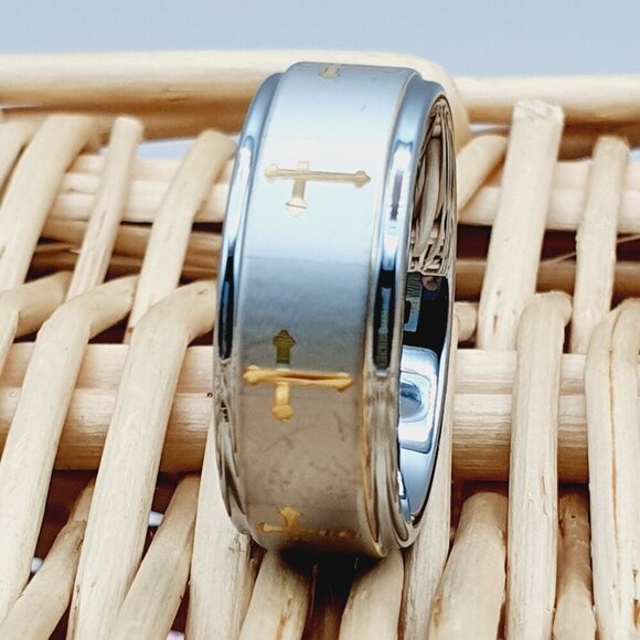 "Silver Tungsten Men's Wedding Ring with Gold Cross Inlay, GALTUN134 - Picture 1 of 11